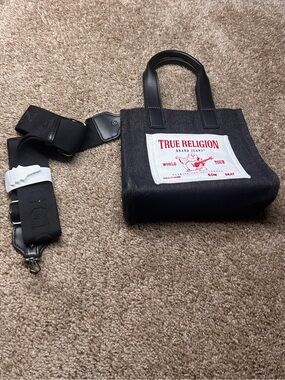 True Religion Black Canvas Mini Messenger Tote with White Logo Patch NEW
